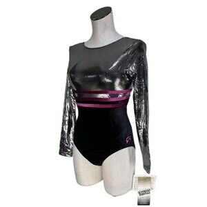 GK Elite VTG Silver Metallic Pixelated LS Pink Stripe Velvet Leotard AS Adult S